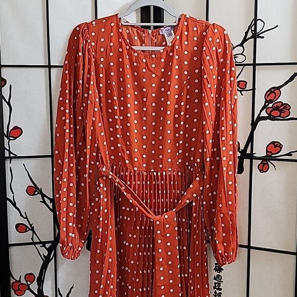 Eien Orange Polka Dot Full length Pleated Dress - Picture 4 of 12